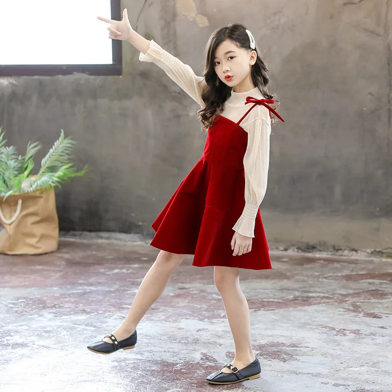 

2019 Spring New Style Korean-style Girls Big Boy Cool Lace Sleeve T-+ with Drawstring Strapped Dress Two-Piece Set Fashion