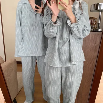 

women/men couple pajamas suit home clothes 2 piece set polka dot print sleepwear soft comfortable 100% cotton pajamas set Y224