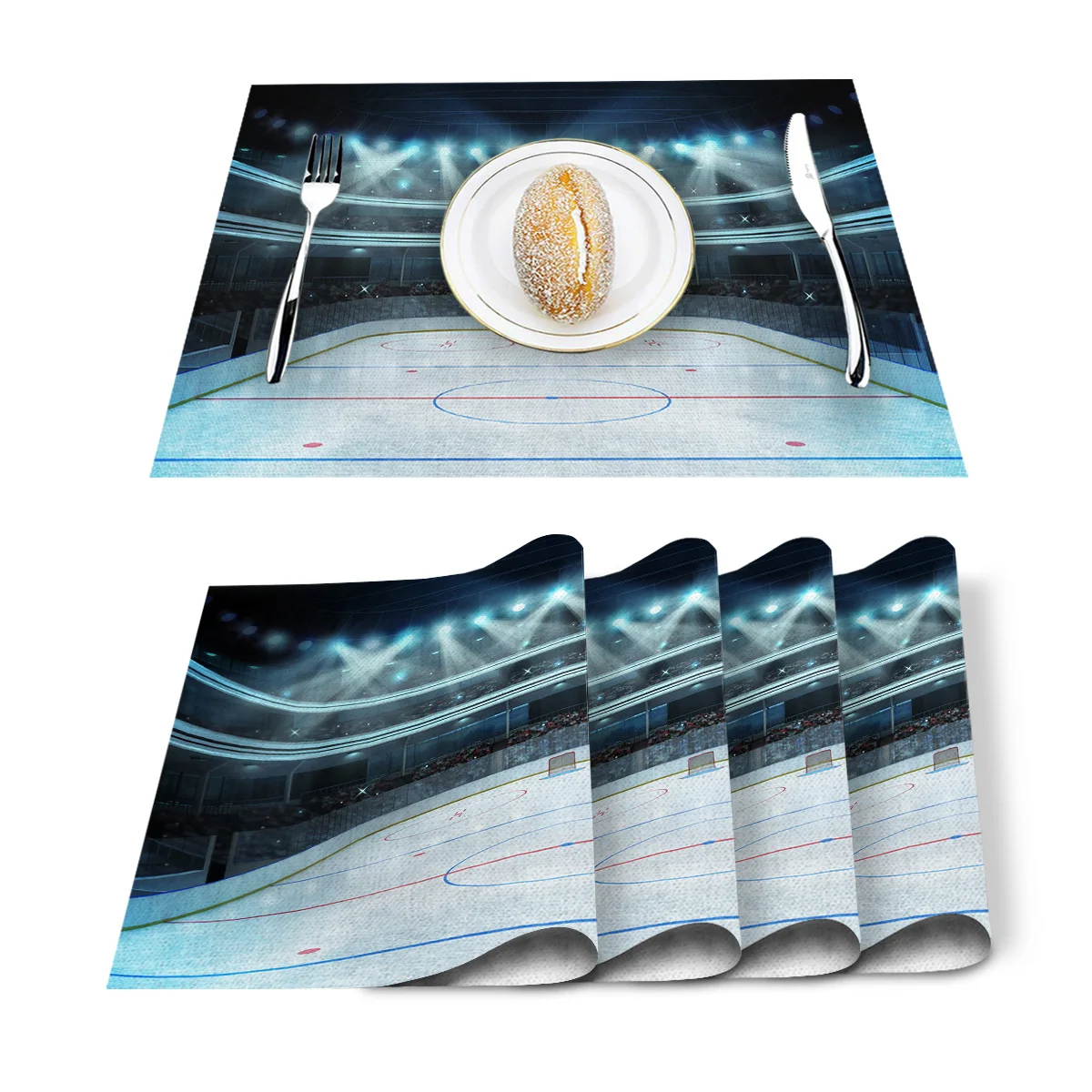 4/6pcs Set Table Mats Ice Hockey Field Printed Cotton Linen Table