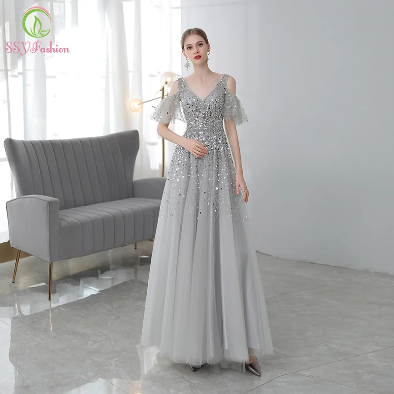 SSYFashion New Luxury Sequins Evening Dress Sexy V-neck Floor-length  Beading Party Elegant Long Formal Prom Gowns for Women _ - AliExpress Mobile