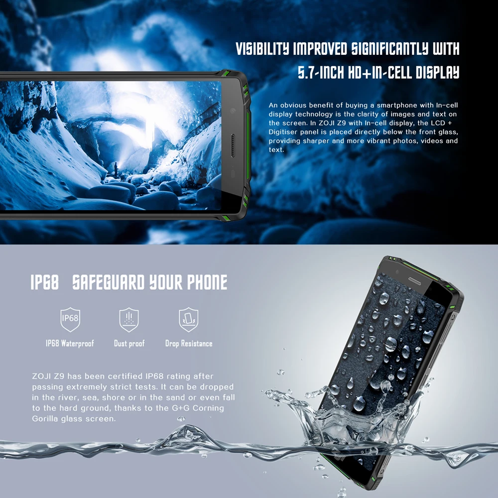 Дешево Глобальная версия waterproof ZJI Z9 Helio P23 IP68 Водонепроницаемый 4G LTE смартфон 5,7 дюймов 6 ГБ + 64 ГБ rom 5500 мАч полный диапазон мобильного телефона