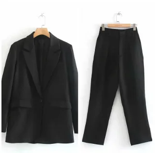 Черный женский костюм комплект из двух предметов осенний Элегантный женский блейзер с длинными рукавами пиджак+ брюки-карандаш женские костюмы офисные комплекты