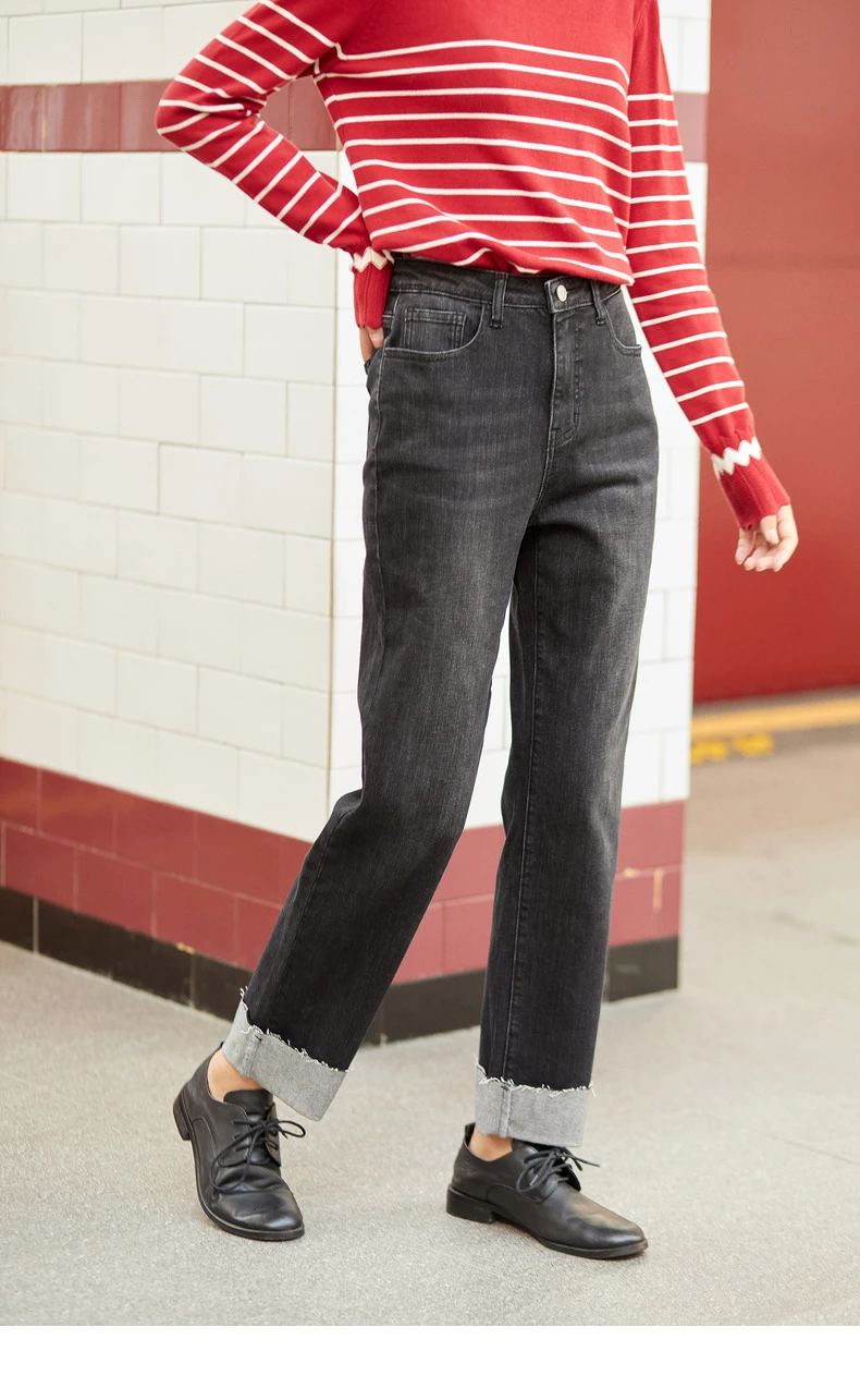 INMAN 2020 Autumn Winter New Arrival Jeans Loose Classic Simple Washed Mid-waist Raw-edged Cuffs Denim Cropped Pants