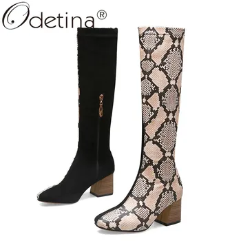 

Odetina Womens Patchwork Half Boots Ladies Elegant Chunky High Heel Side Zip Up Knee High Boots Casual Square Toe Winter Shoes
