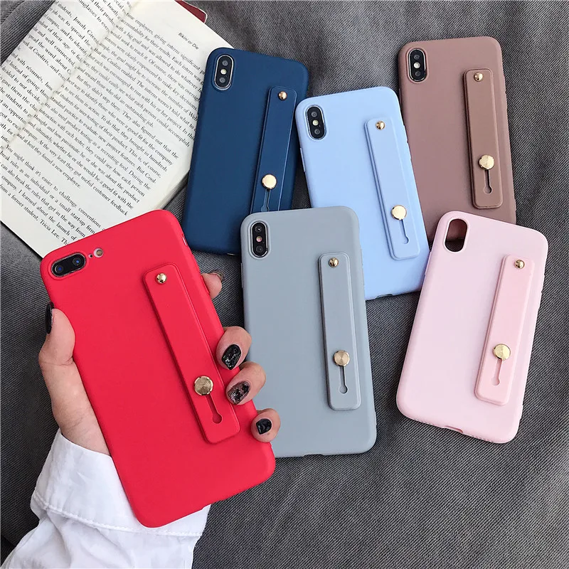 

Candy Color Case For iPhone 5 5S SE 6 6S 7 8 Plus Fashion Silicone TPU Bracket Wrist Strap Cover on for iPhone X XR XS MAX case