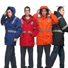 Ветронепроницаемая зимняя теплая плотная длинная куртка с капюшоном, пальто из хлопка со светоотражающими полосками, сиамская с длинными рукавами, Пыленепроницаемая Рабочая