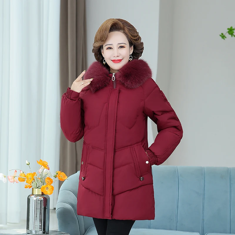

Middle-aged Women Winter Cotton Jacket 2021 Mother Thick Warm Liner Velvet Coat Large Size Hooded Female Parkas Outerwear