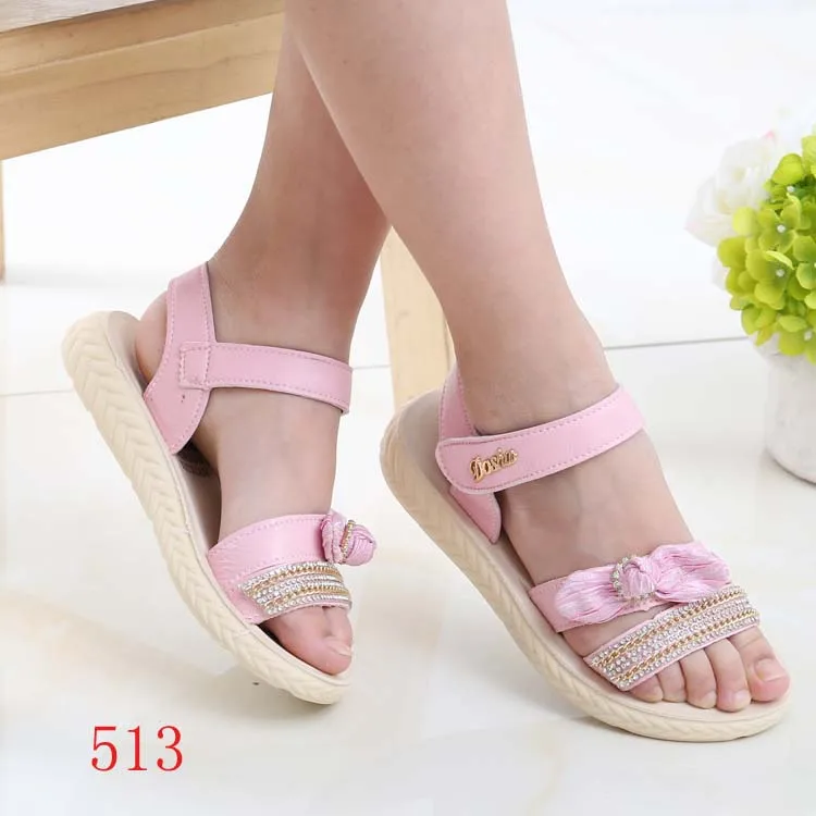 Pink 513 Детская летняя обувь; сандалии для девочек; кожаные детские сандалии с цветами; пляжные туфли для девочек; милые сандалии принцессы на плоской подошве; размеры 27-38; KS205 - Цвет: Pink 513