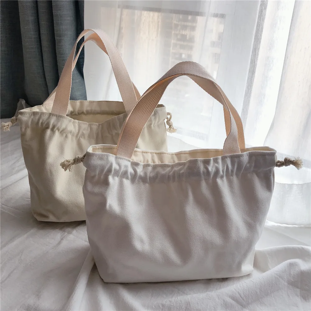 Japanese  Canvas Lunch Bag Thick  Lining Lunch Box Tote  Drawstring Hand Bag  Cute Picnic Dinner Container Food Storage Bags