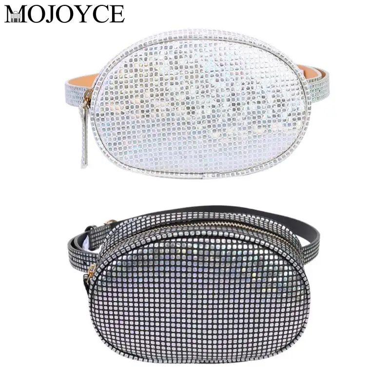 

Fashion Waist Bags Women Black Silver Fanny Pack Laser Oval Chest Pack Women Belt Crossbody Fanny Bag PU Shoulder Waist Bags