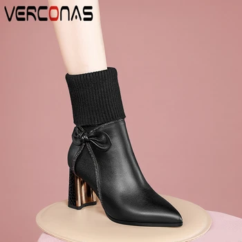 

VERCONAS High Quality Genuine Leather Women Mid-Calf Boots Autumn Winter High Heels Shoes Woman Elegant Butterfly-Knot New Boots