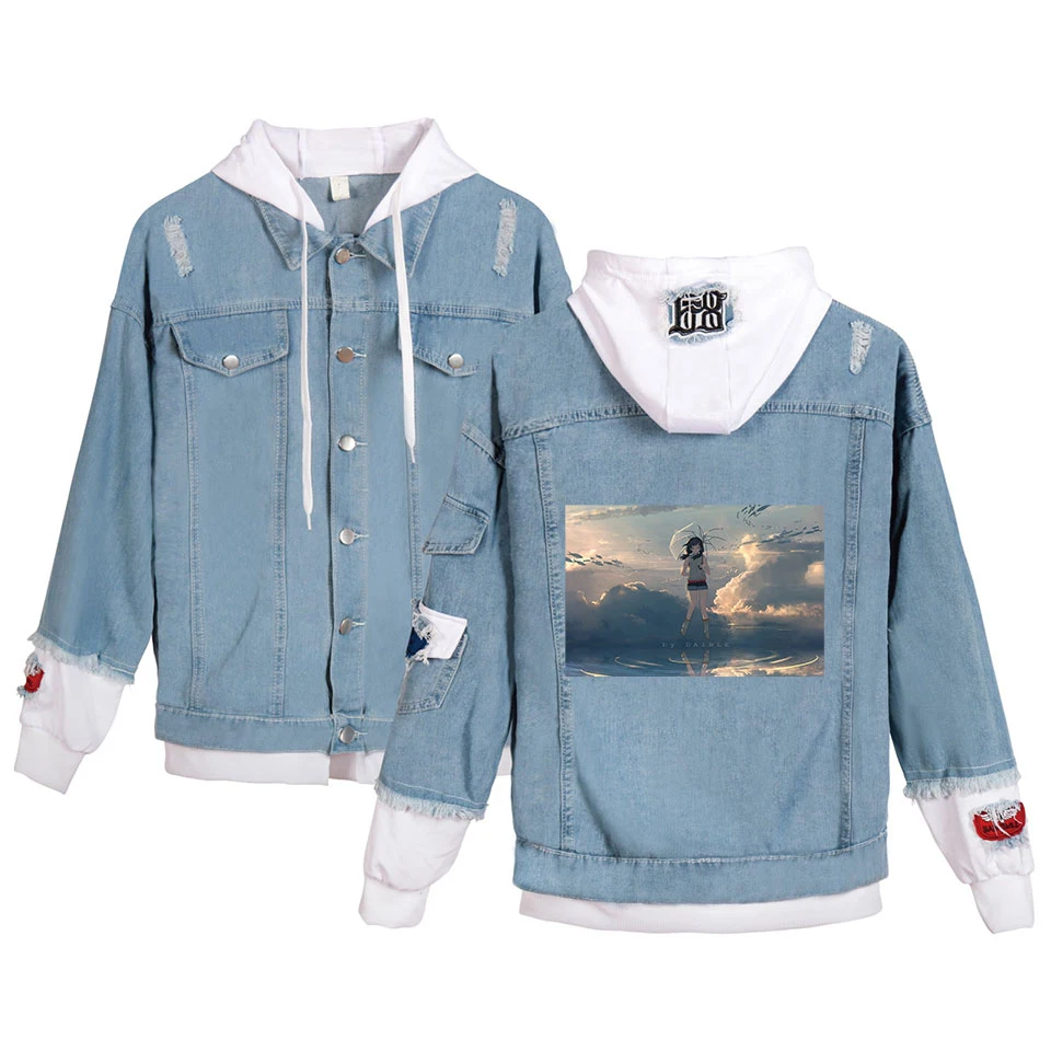 

New France Style Mens Distressed Destroyed summer girl print Skull Biker Blue Denim Jacket Size harajuku XXS-4XL