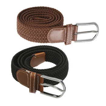 

2 Pcs Leather Braided Elastic Stretch Metal Buckle Belt Waistband - Black & Brown