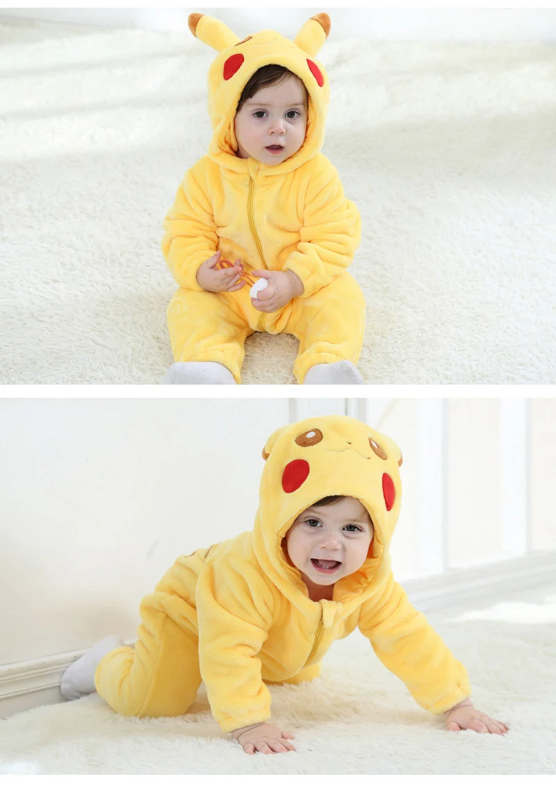 Hot Kawaii Baby Winter Yellow Pajamas Long Sleeve Cute Anime Rompers Hooded For Boys Girls Fantasia Warm Cotton Jumpsuit Clothes cute baby bodysuits