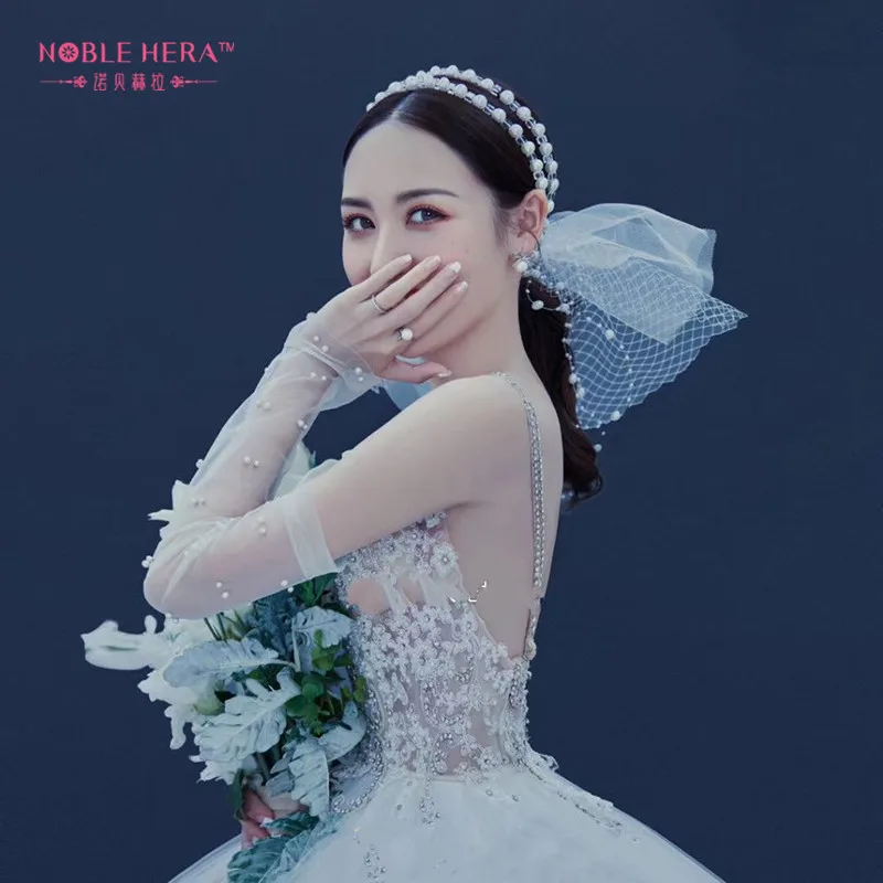 Bridal Pearl Veil Adjustable Mesh Belt Hair Accessories Wedding Headband Headdress