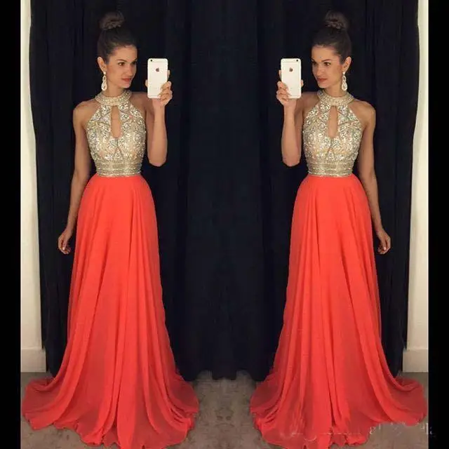 

Backless Prom Dresses A-line Halter Chiffon Beaded Dubai Saudi Arabic Long Robe De Soiree Prom Gown Evening Dresses