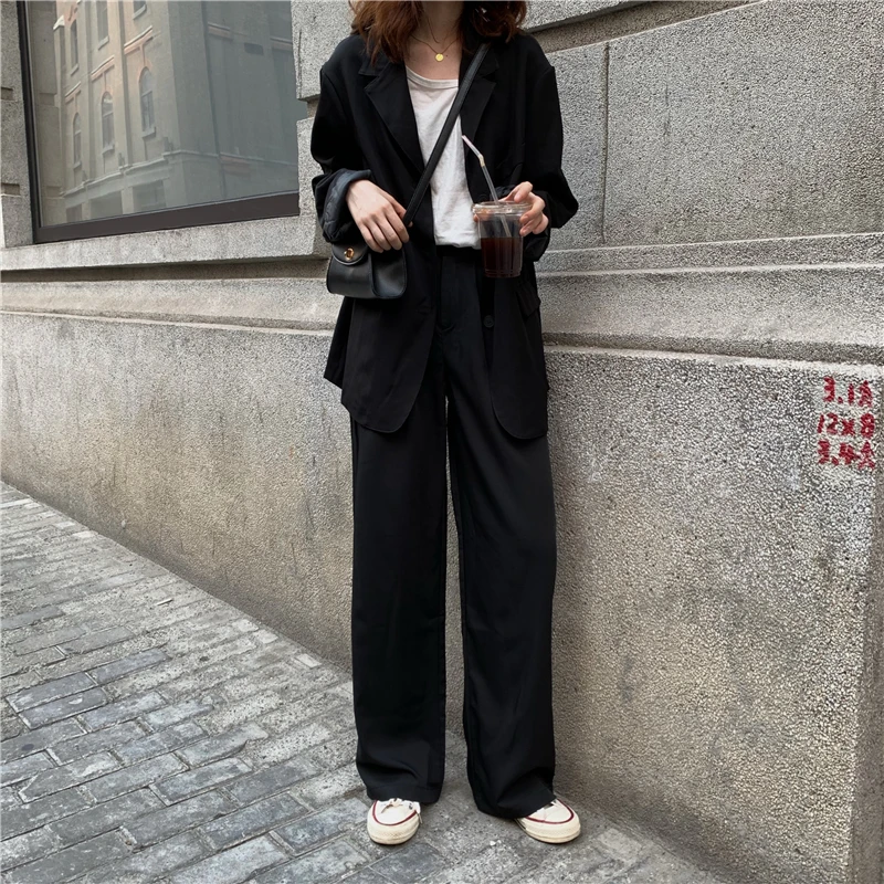 

korean style Solid color Women Pant Suits Notched Collar Blazer Jacket+wide leg pants Female suit autumn (K394