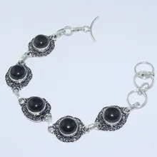 Браслет из черного оникса с серебряным покрытием из меди 22,8 см B1135