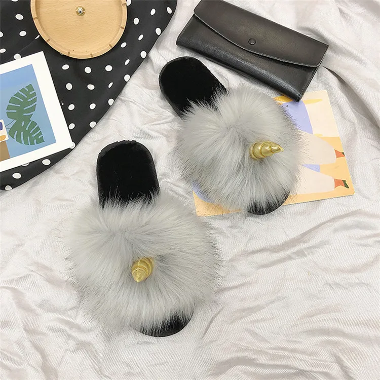COOTELILI Winter Women Home Slippers with Faux Fur Fashion Warm Shoes Woman Slip on Flats Female Slides Black Christmas Gift