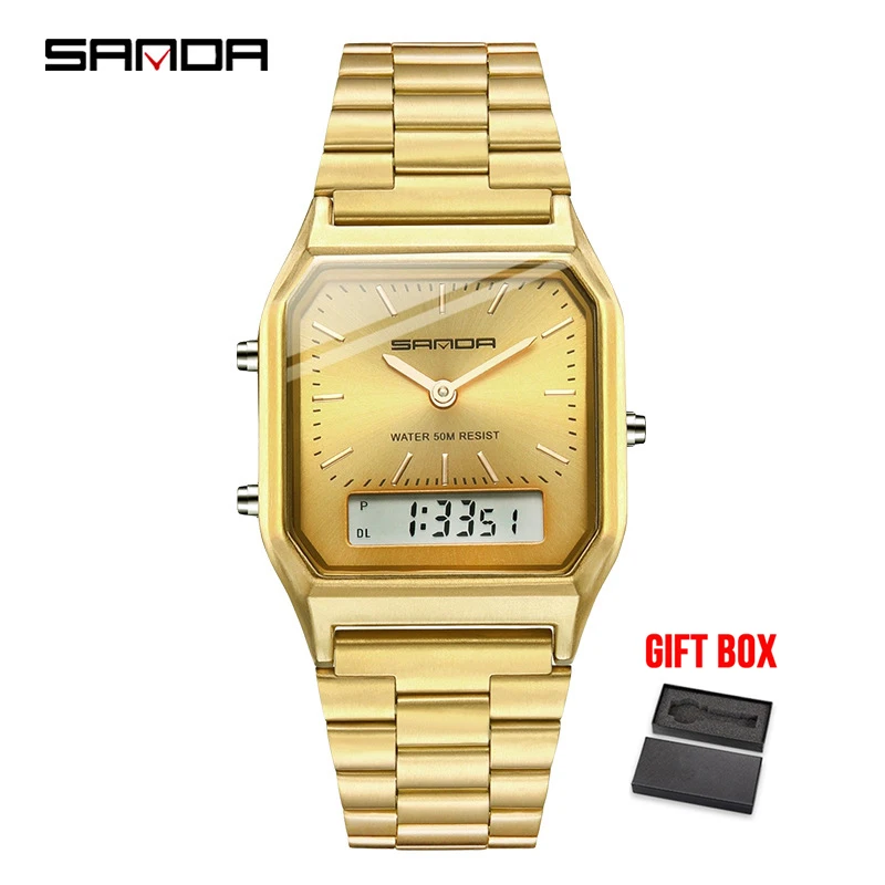 Sanda Watch Men Sports Digital Watches Electronic Mens Quartz Watches Top Brand Waterproof Wrist Watch For Men Relogio Masculino - Цвет: gold with box