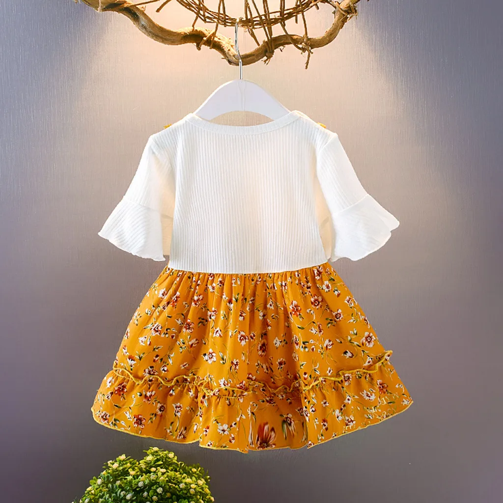 Модное платье для маленьких девочек; хлопковое платье принцессы с круглым вырезом и рюшами для маленьких девочек; повседневная одежда; H4