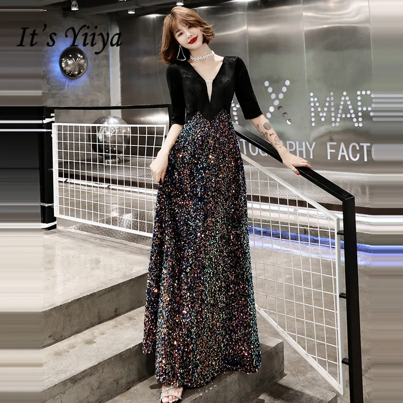 Это Yiiya вечерние платья Элегантное блестящее вечернее платье с v-образным вырезом с рукавом средней длины вечерние платья размера плюс robe de soiree LF043
