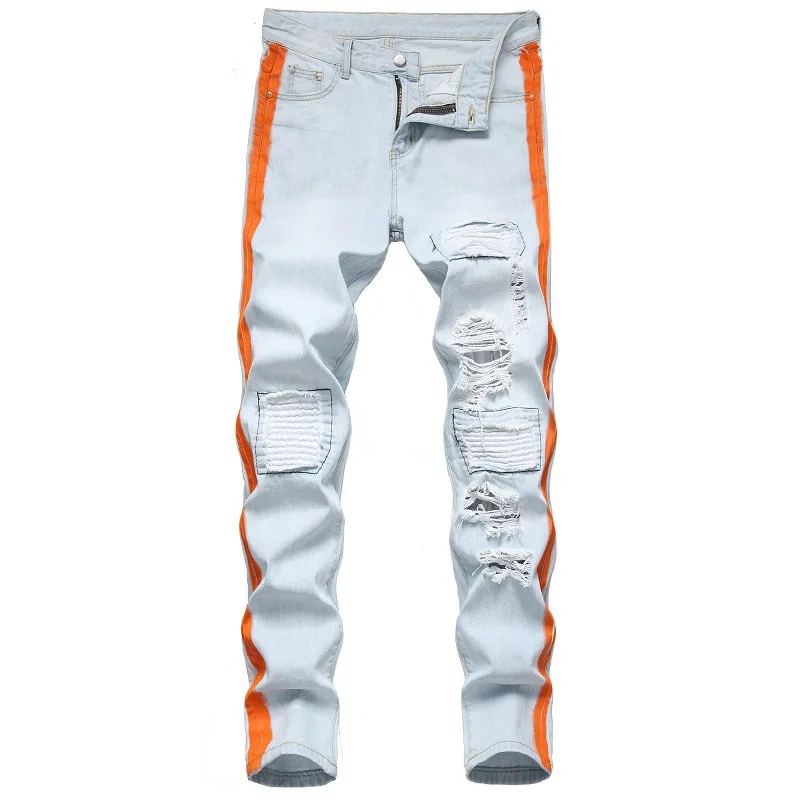 New Fashion Mens Cotton Ripped Hole Jeans Casual Slim Skinny Light Blue Jeans Men Trousers Pantalones Male Hip hop Denim Pants