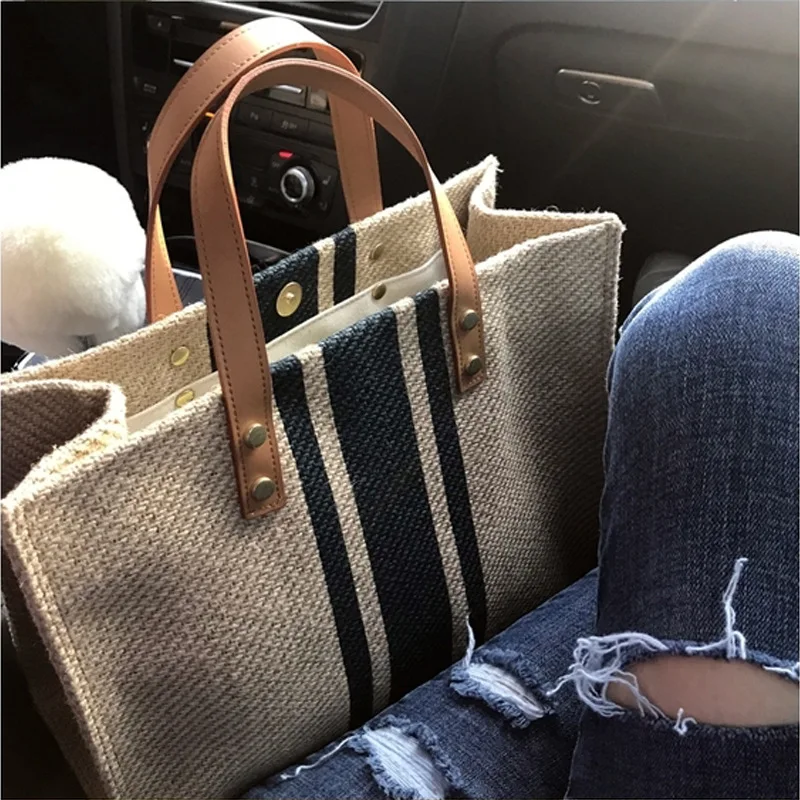 2021 Simple Fashion Large Canvas Handbag For Women Vintage Striped Tote Bag Female Portable Ol Business Briefcase Korean Style white shoulder bag