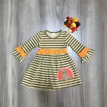 Детская одежда на День Благодарения для маленьких девочек; сезон осень-зима; Хлопковое платье в полоску с оборками в виде индейки; Эксклюзивное платье с длинными рукавами и бантом