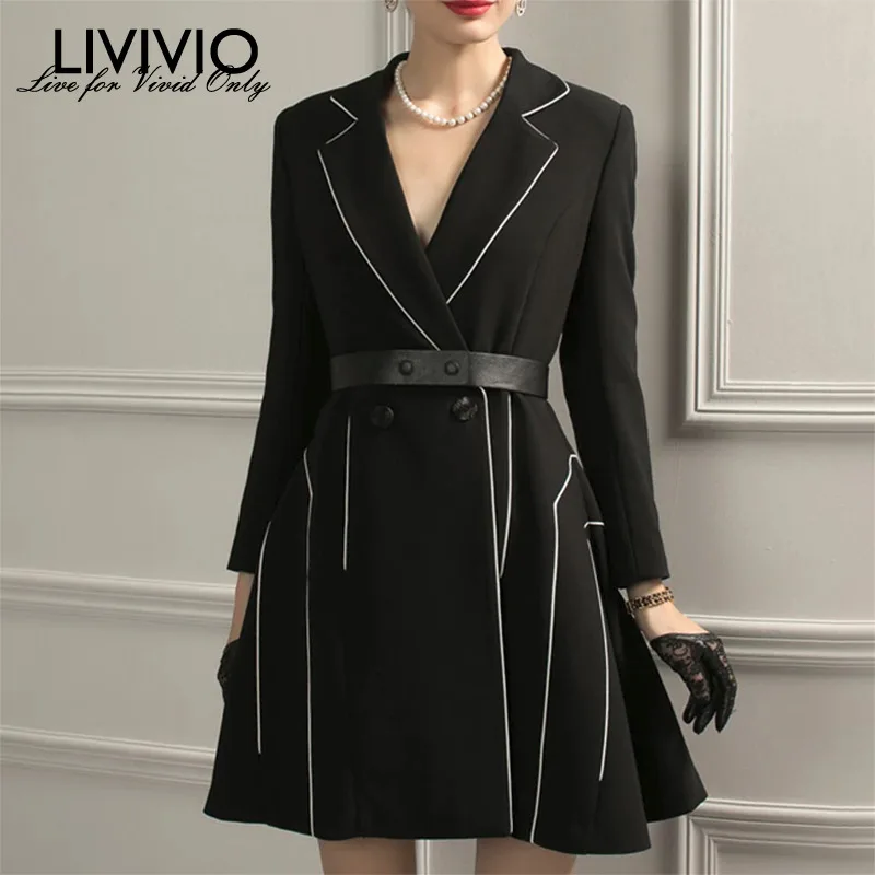

[LIVIVIO] Hit Color Patchwork Women's Dress Notched Collar Long Sleeve High Waist With Belt Mini Dresses Female 2019 Autumn New