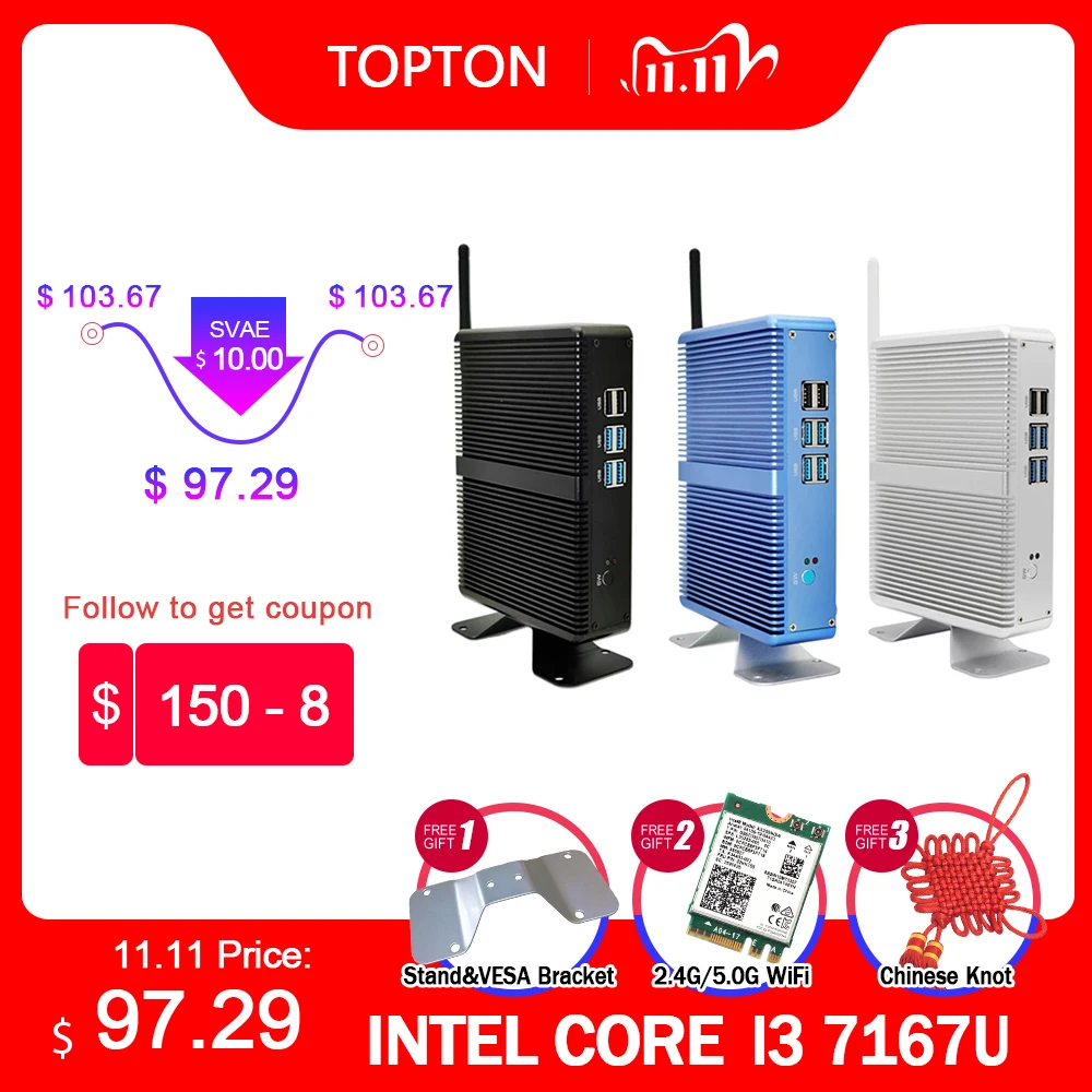 Мини-ПК TOPTON NUC Intel Core i5 7200U i3 7167U DDR4 16 ГБ безвентиляторный мини-ПК Linux Windows 10 HD Graphics 620 4K