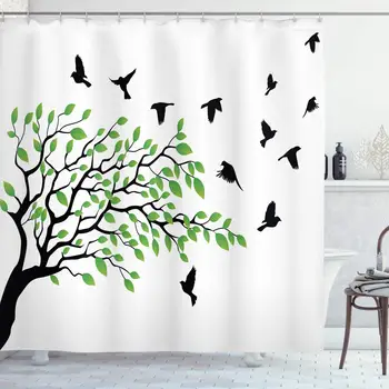 

Birds Shower Curtain, Spring Tree with Silhouette of Flyind Birds Wind Liberty Peace Design Living, Cloth Fabric Bathroom Decor