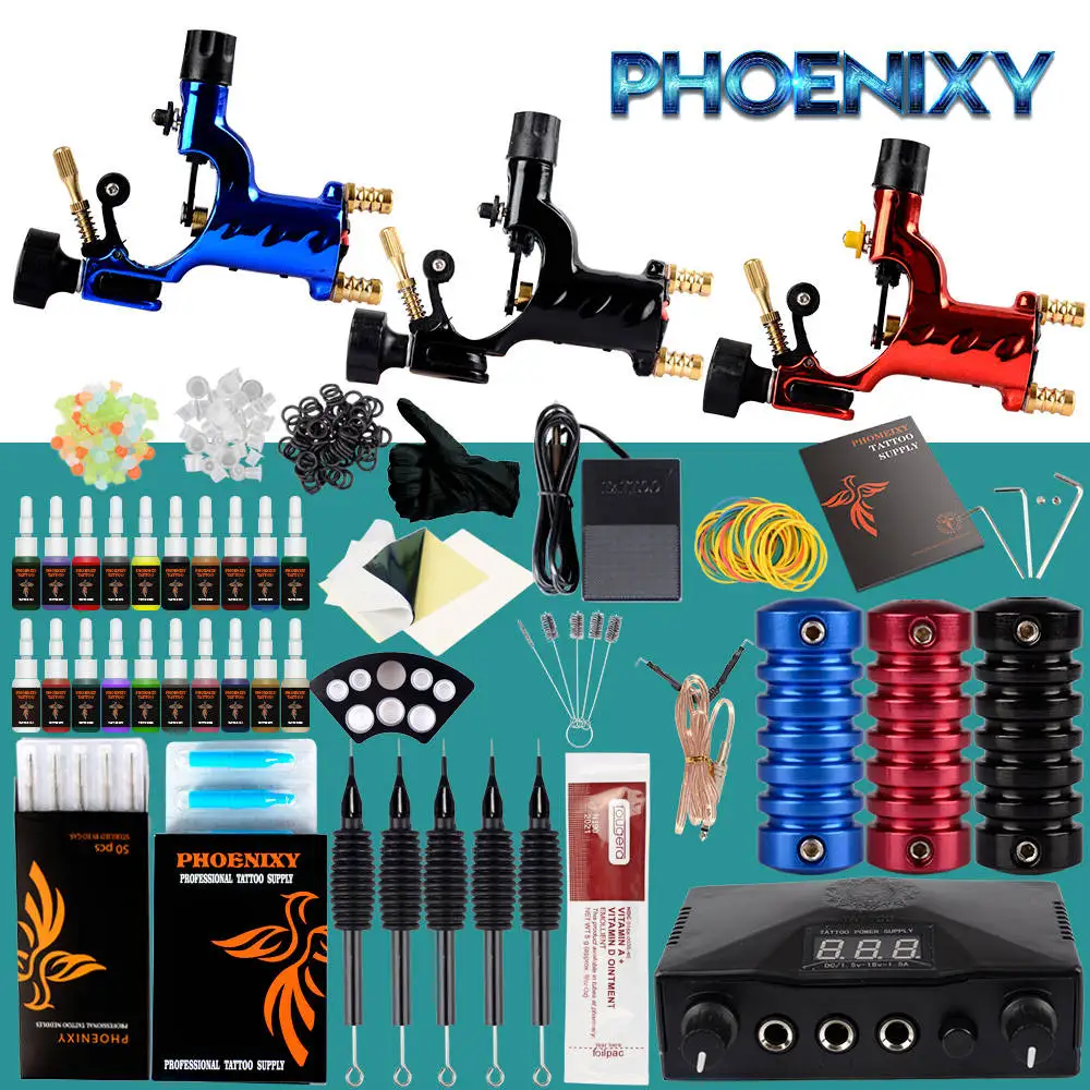 

Complete Tattoo Kit Professional Rotary Tattoo 3 Machine Set Black Power Supplies Set Permanent Makeup 20Pcs Pigment Tattoo Set