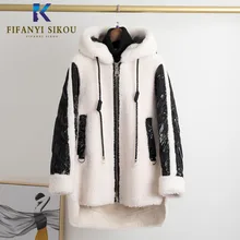 Высококачественное шерстяное меховое пальто для женщин, настоящая овечья стрижка, пальто, белый утиный пух, с капюшоном, натуральная Меховая куртка верхняя одежда, Женское зимнее пальто