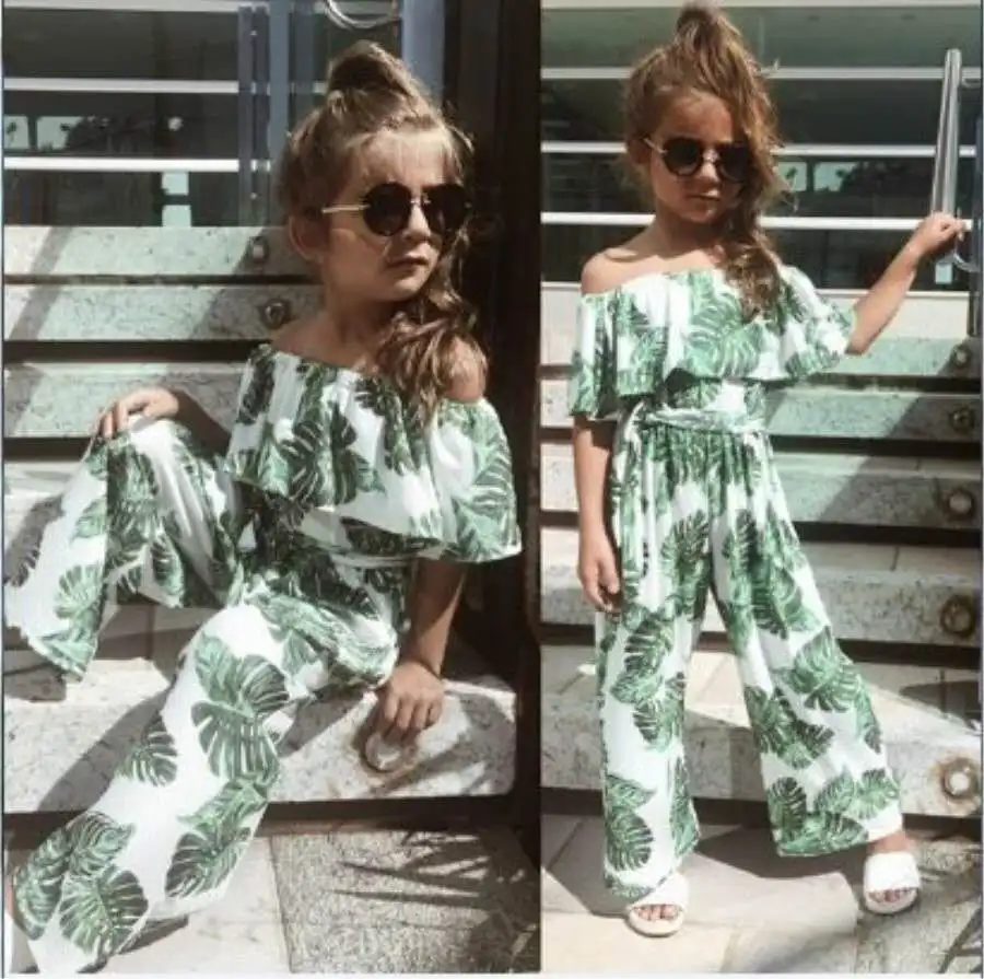 

US Toddler Girl Princess Fashion Printing Green Leaf Off Shoulder Casual Outfits