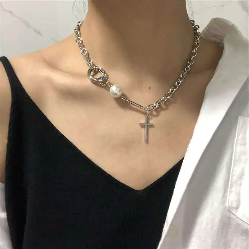 Simple kpop Cross Chain Necklace For Women Men Luxury Ladies OT LOCK Jewelry Pendant Necklaces Crucifix Christian Ornament Gifts | Украшения