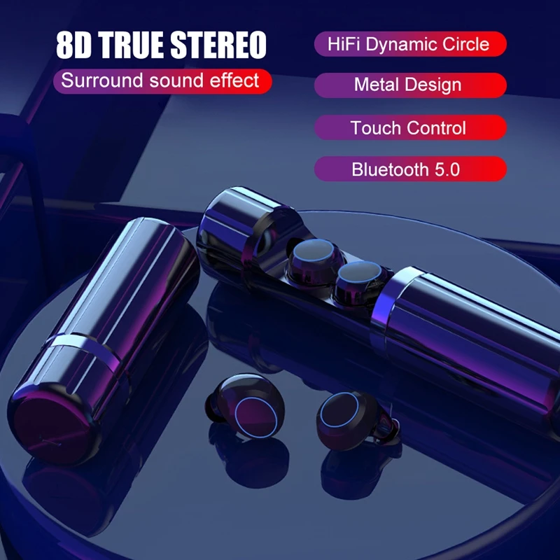 

OLLIVAN TWS 5.0 Bluetooth 8D Stereo HiFi Sound Earphone Touch Control Wireless Earphones Cylinder Metal Power Bank Earbuds Black