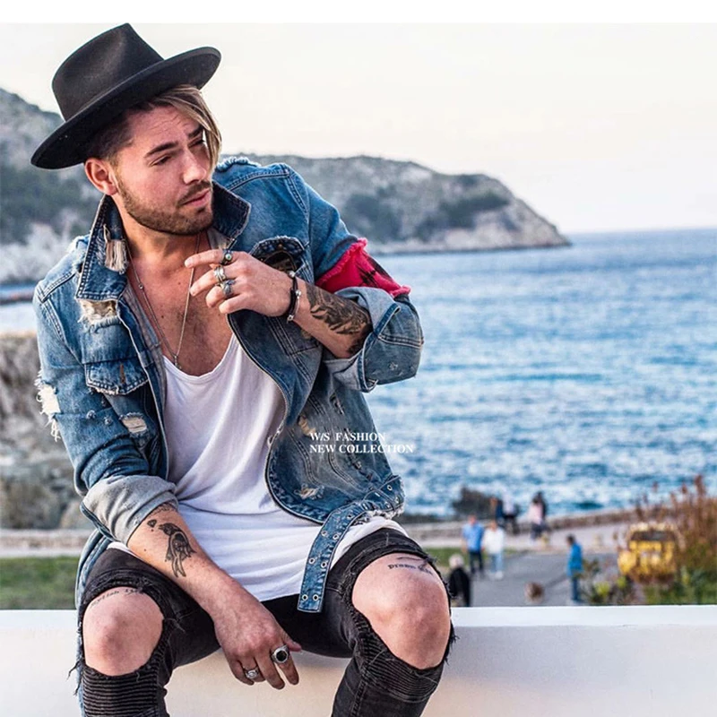 Men's Jean Jackets Streetwear Hip Hop Bomber Jacket Denim Jacket Men Brand Ripped Denim Jackets Casual Fashion Coat