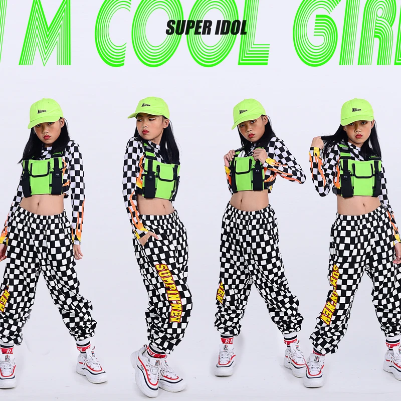 Клетчатые костюмы для джазовых танцев для девочек; детская одежда в стиле хип-хоп для девочек; одежда в стиле хип-хоп; одежда для Бальных выступлений; DQS3484
