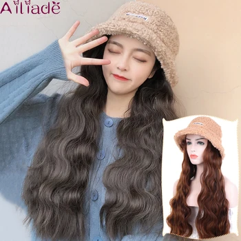 

AILIADE Hot Style Brown Long Wavy Synthetic Hair Wig With Plush fisherman hat for Woman High Temperature All-in-one wig Cap