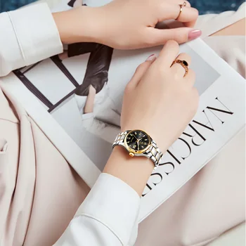 Jsdun luxo feminino relógio mecânico automático clássico dial à prova dwaterproof água aço inoxidável relógio de pulso auto enrolamento relógios para mulher