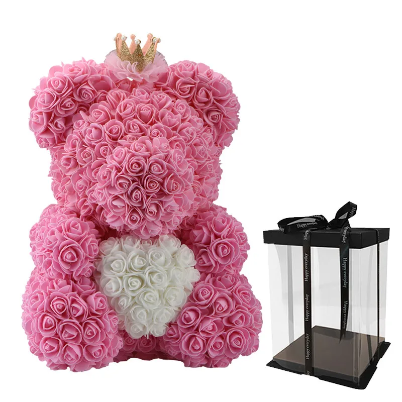 Горячая Распродажа 40 см плюшевый мишка с короной в подарочной коробке медведь из роз искусственный цветок подарки на год для женщин подарок на день Святого Валентина - Цвет: 40cm pink crown box