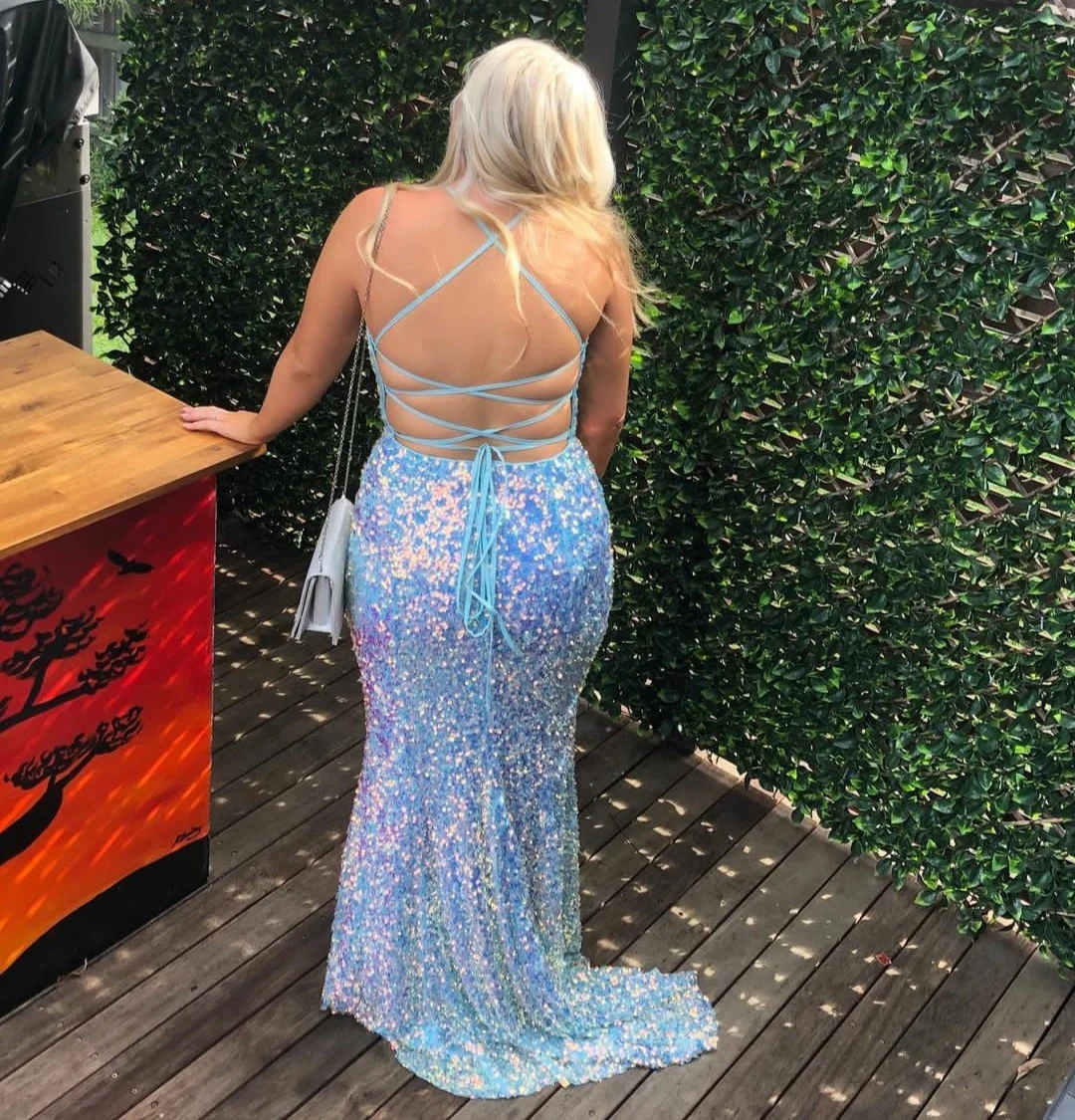

Sexy Long Halter Sequined V-Neck Prom Dresses Mermaid Spaghetti Criss Cross Back Blue Abendkleider Robes de Soirée for Women