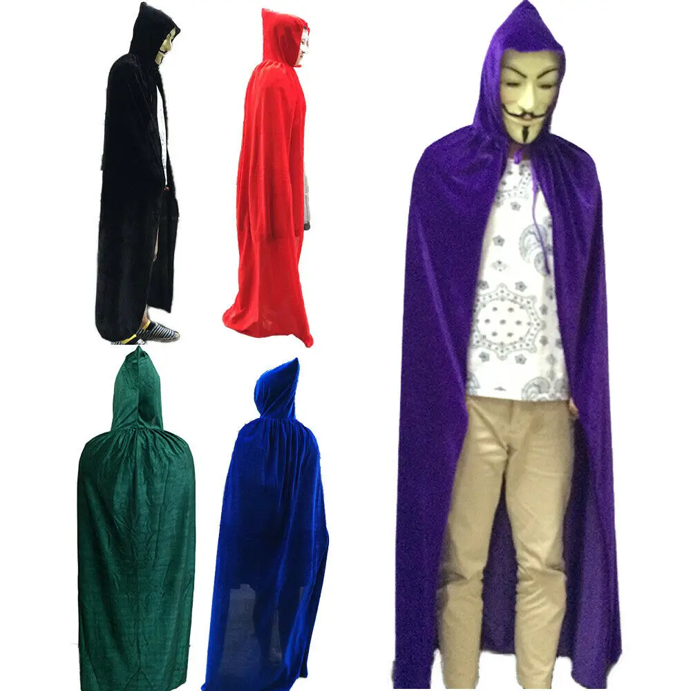 Adult Halloween Velvet Cloak Cape Hooded Medieval Costume Witch Wicca Vampire