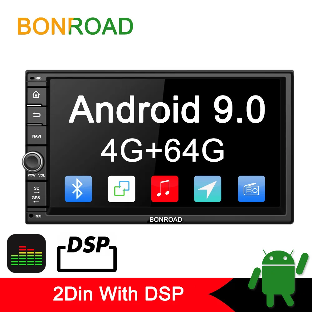 Bonroad Android 9,0 Восьмиядерный PX5 4G ram автомобильный Радио универсальный gps Навигация стерео аудио HD 1024*600 wifi Bluetooth без DVD - Цвет: 2Din 9.0 ROM64G DSP