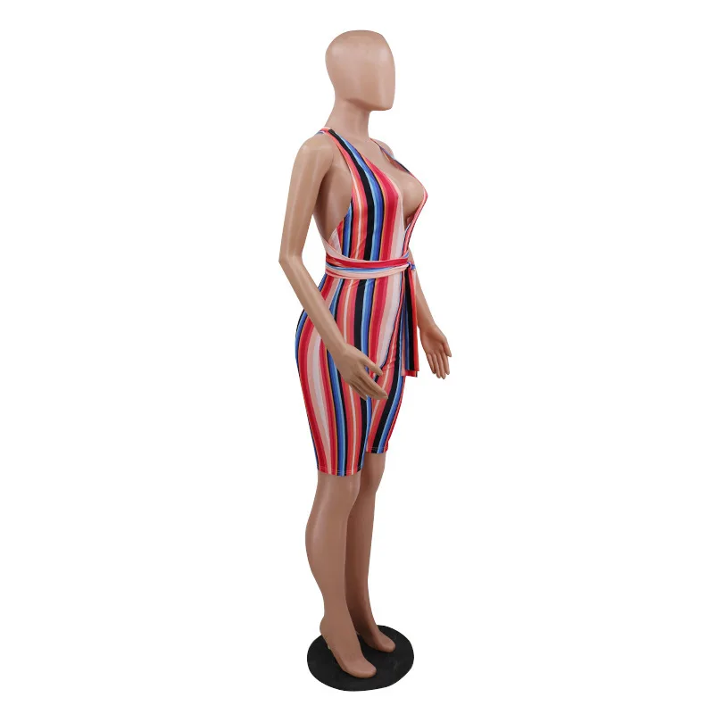 High Elastic Summer Club Party Bodysuits For Women Striped Spliced Backless Slim Outfit Casual Deep V Neck Sleeveless Jumpsuits