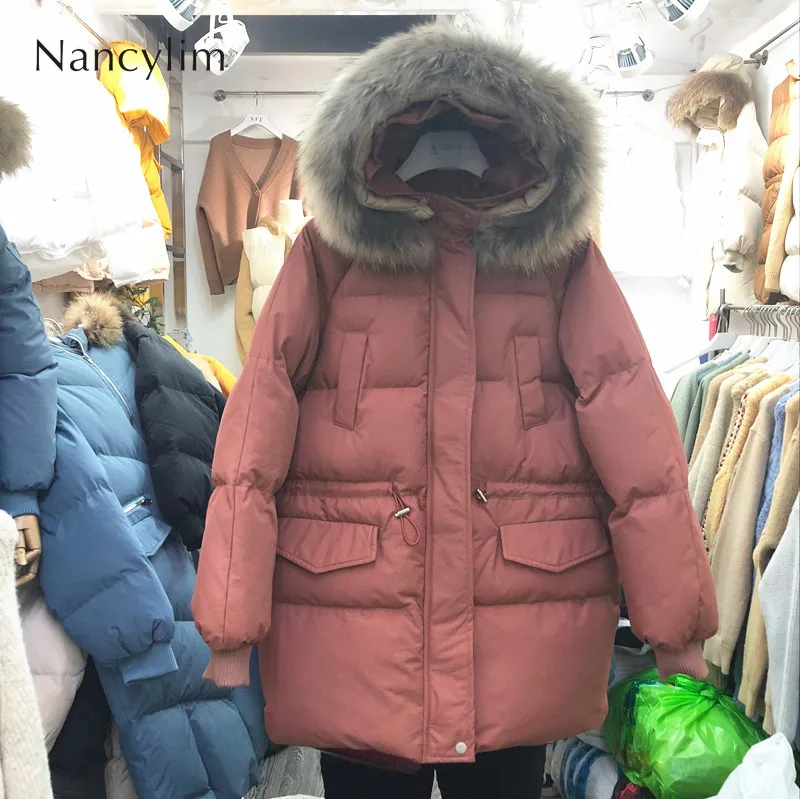 Новая модная зимняя женская куртка с капюшоном и воротником из натурального меха однотонная Свободная куртка с хлопковой подкладкой Длинные парки для студентов