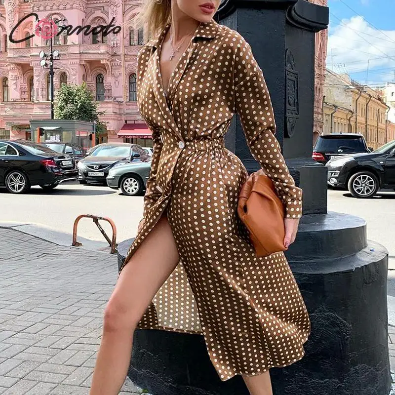 Conmoto, в горошек, сексуальное длинное платье для женщин, зима, атласное, для вечеринок, на пуговицах, с отложным воротником, для девушек, винтажное платье, vestidos