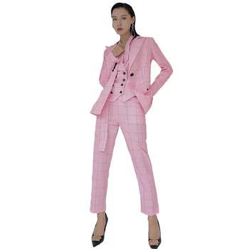 

Women's suits Women's suits 3-piece set blazer & pants & vest Fashion pink plaid office lady professional wear костюмы женские