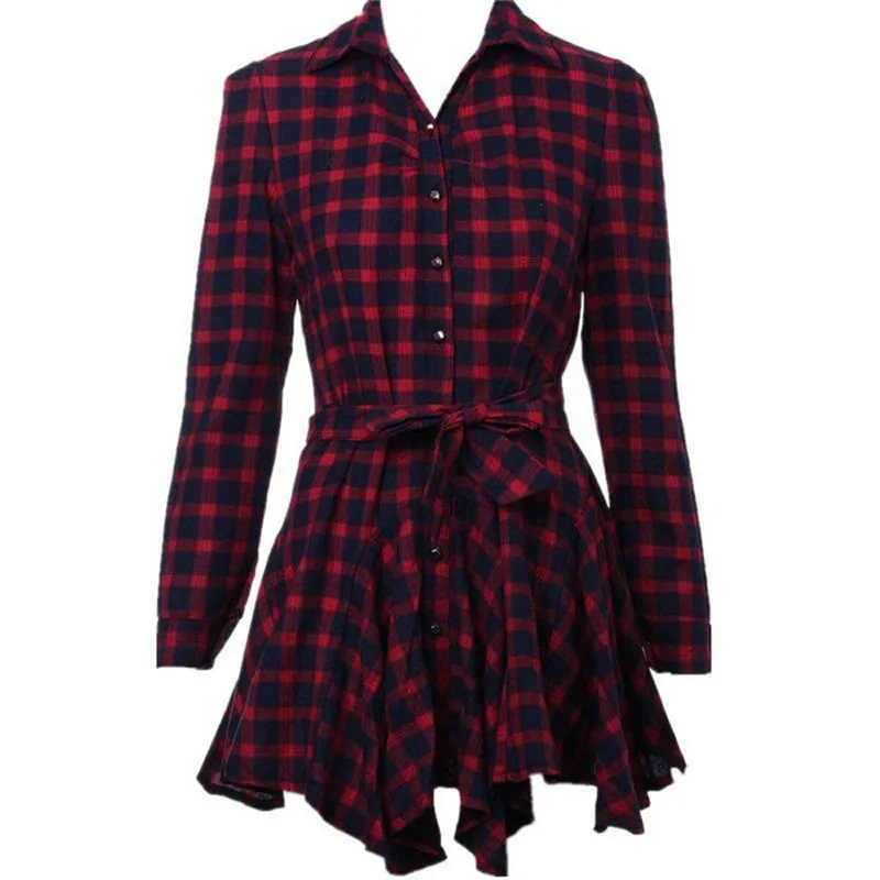 Womens Casual Blouses Dress New Excellent Quality Flannel Red Plaid Print Dress Female Casual Long Sleeve Vestito Lady Clothes